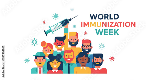 Diverse group of people celebrating World Immunization Week with a syringe and stars