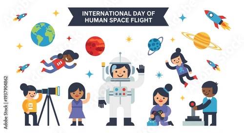International Day of Human Space Flight Celebrated with Astronaut and Children Exploring Space Surroundings