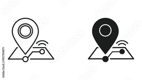 Location pin and map with Wi-Fi signal and circuit board lines, icons representing navigation and technology