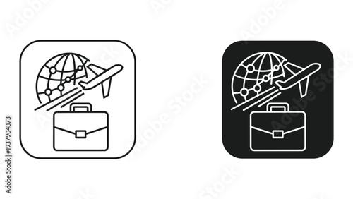 Business Travel Icon Set: Globe, Airplane, and Briefcase - Line Art & Silhouette