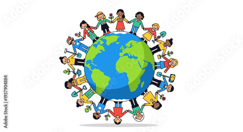 Diverse children holding hands around the Earth, illustrating global unity and friendship from a top-down perspective.