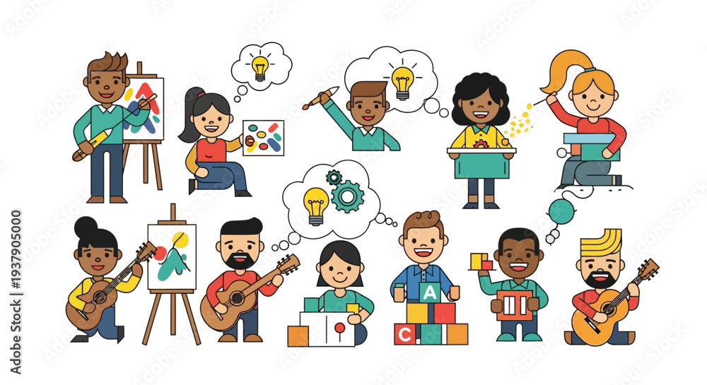 Fototapeta premium Diverse group of people engaging in various artistic activities and hobbies together in a vibrant creative environment