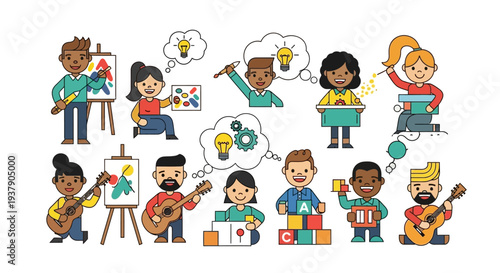 Diverse group of people engaging in various artistic activities and hobbies together in a vibrant creative environment