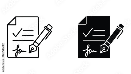 Contract Signature Icon: Pen Signing Document with Checkmark and Lines, Line Art and Solid Style