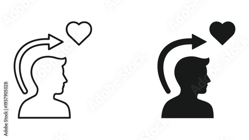 Love icon with profile of a man and curved arrow, silhouette and outline vector illustration