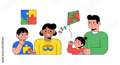 Family with children flying kite together outdoors on a windy day, enjoying quality time and having fun in the park.