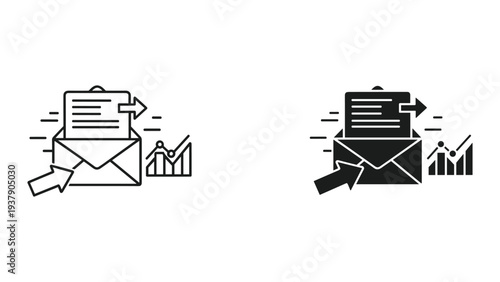 Email Marketing Analytics Icon: Email Sending with Growth Chart and Arrow Data Insights