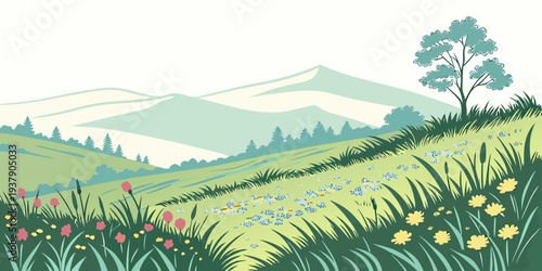 A picturesque landscape showcasing rolling hills and lush greenery under a clear blue sky Vector