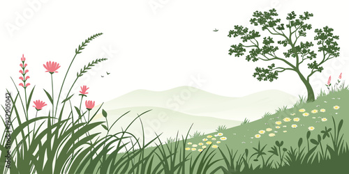 A serene landscape with vibrant green grass and a solitary tree under a clear blue sky Vector