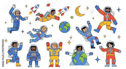 Astronauts floating in space with planets and stars around them, viewed from a distant perspective, illustrating a cosmic event.