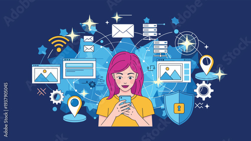 Modern woman using her smartphone surrounded by various digital lifestyle icons representing social media communication and online security.