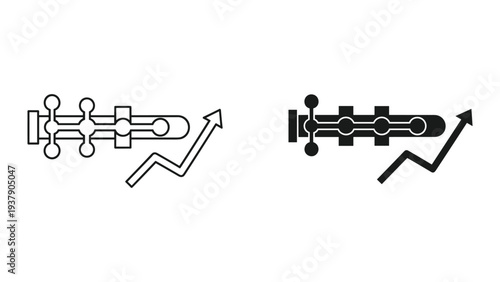 Growth of Biotechnology: Icon of DNA Structure and Upward Trend Arrow, Line Art and Silhouette