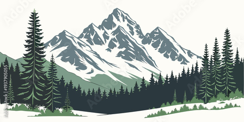 Majestic snow-capped mountains tower over a serene forest landscape Vector
