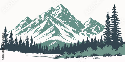 Majestic mountain range with dense forest and snow-capped peaks under a clear sky Vector