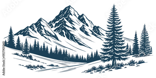Majestic mountain landscape with snow-capped peaks and dense forest Vector