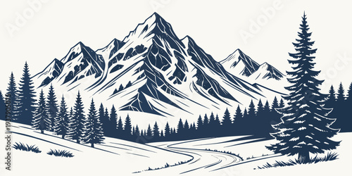 Majestic snow-capped mountains rise above a serene alpine lake in a breathtaking landscape. Vector