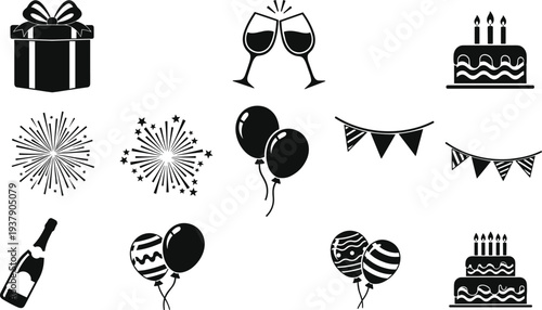 “Black and white celebration icons featuring gift box, birthday cakes, balloons, champagne, wine glasses, fireworks, and party banners for festive design, decoration, and invitations”t