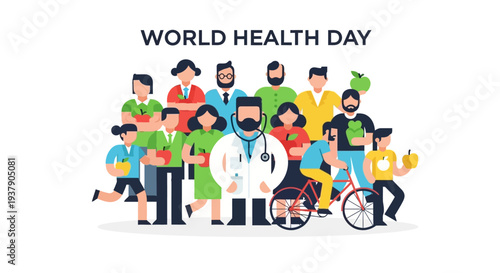 Diverse group of people celebrating World Health Day with medical professionals, promoting wellness and healthcare for all individuals