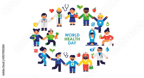 Diverse professionals unite in a circular formation celebrating World Health Day with vibrant illustrations