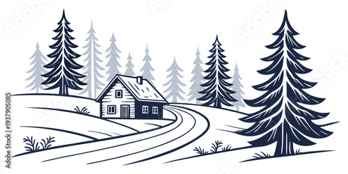 A picturesque winter scene with a cozy cabin nestled among tall pine trees Vector