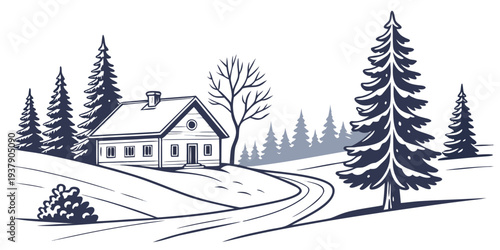 A serene winter scene with a cozy house surrounded by tall pine trees and a blanket of snow. Vector