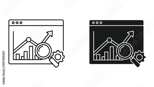 Business Analytics & Growth Icons: Data Chart, Magnifying Glass, Gear, Growth Arrow