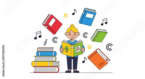 Young student surrounded by floating books and music notes, standing beside a stack of colorful textbooks, in a whimsical educational setting.