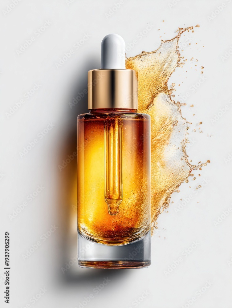 Naklejka premium Luxurious golden serum in a dropper bottle with a splash of liquid on a white background