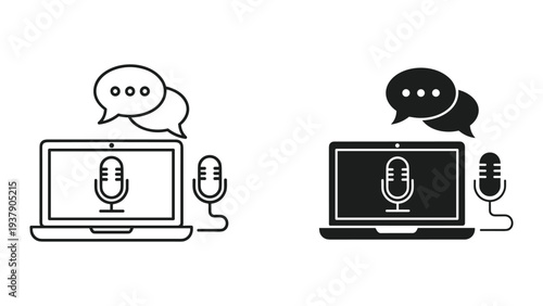 Laptop with microphone and speech bubbles icon set, digital podcasting and online communication vector.