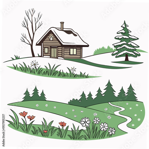 A serene countryside scene with a house, trees, and a flowing river. Vector