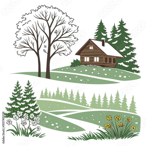 A serene cabin nestled in a lush forest with a winding path and tall trees Vector