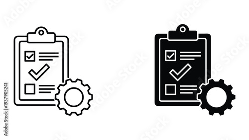 Checklist clipboard with gear icon, symbolizing tasks, project management, and engineering workflow