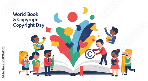 Children gathered around a large open book with colorful shapes and symbols emerging, celebrating World Book and Copyright Day