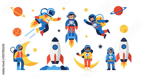 Astronauts floating in space surrounded by planets and stars in a whimsical illustration