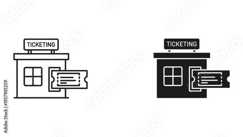 Ticketing Booth with Ticket Icon - Vector Illustration, Outline and Solid Icons