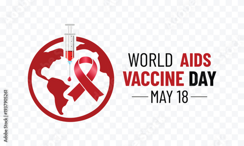 World AIDS Vaccine Day ,Minimal red ribbon and medical vaccine symbols representing awareness with clean vector style. Syringe, vial, ribbon, and medical icons symbolizing global AIDS vaccine .