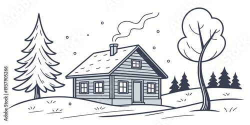 A serene winter scene with a cozy cabin nestled among tall pine trees. Vector