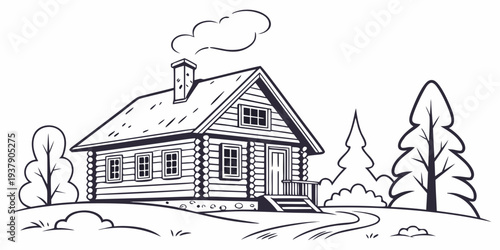 A charming winter scene featuring a cozy house surrounded by snow and trees Vector