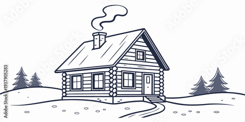 A charming, rustic cabin nestled in the woods with smoke rising from the chimney. Vector