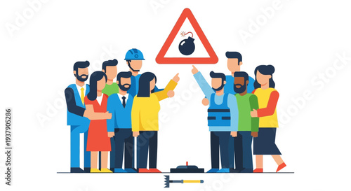 Group of people standing around a warning sign indicating a bomb threat in a public area illustration