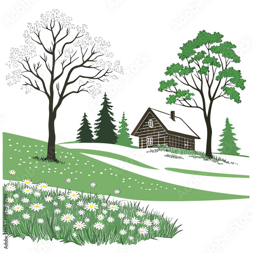 A serene countryside scene with a quaint house and lush greenery Vector