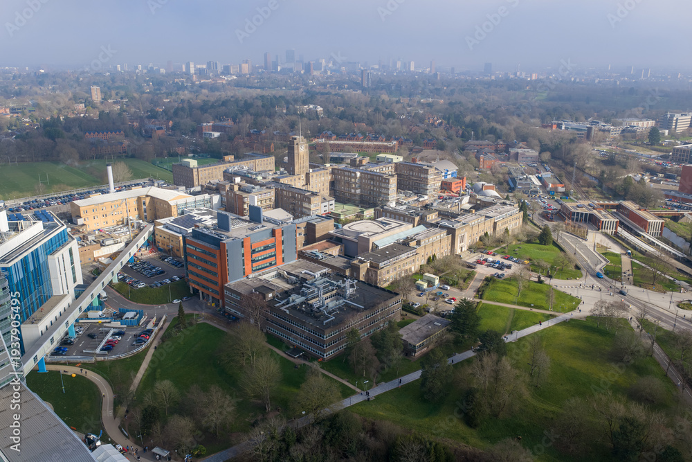 Fototapeta premium Aerial view of Birmingham Medical School and University train station.