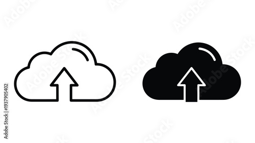 Cloud upload icon set, line art and solid fill, isolated on white background, technology concept