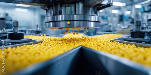 Automated food production line processing crunchy yellow snacks on a conveyor belt