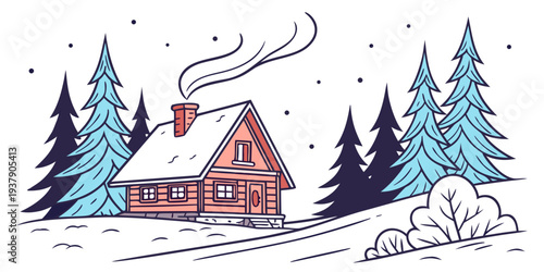 A serene winter scene with a cozy cabin nestled among tall pine trees Vector