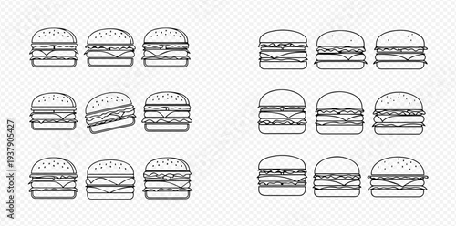 Set of various hamburger and cheeseburger line art icons on a transparent background, perfect for fast food menus or graphic design projects.
