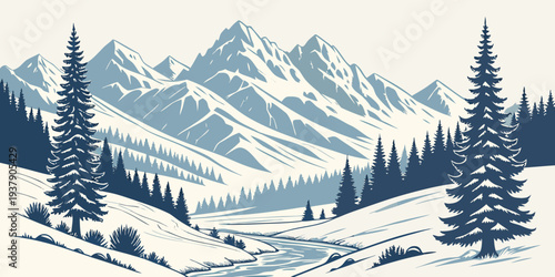 Majestic snow-covered mountains with a serene forest in the foreground Vector