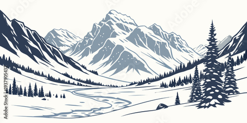 Majestic mountain range with snow-capped peaks and dense forest below. Vector