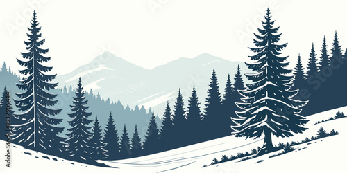 A serene landscape featuring a majestic mountain range and a tranquil forest Vector