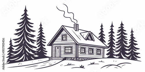 A picturesque cabin nestled in a serene, snowy forest with tall pine trees. Vector